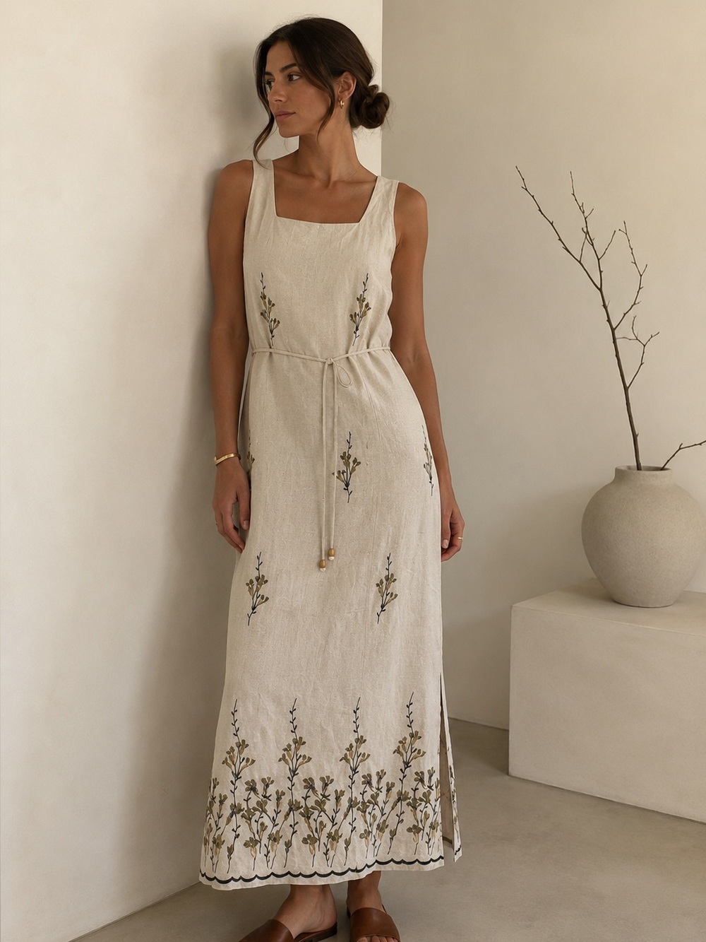 À La Une Embroidered Linen Blend Midi Maxi Dress Botanical Belt XS